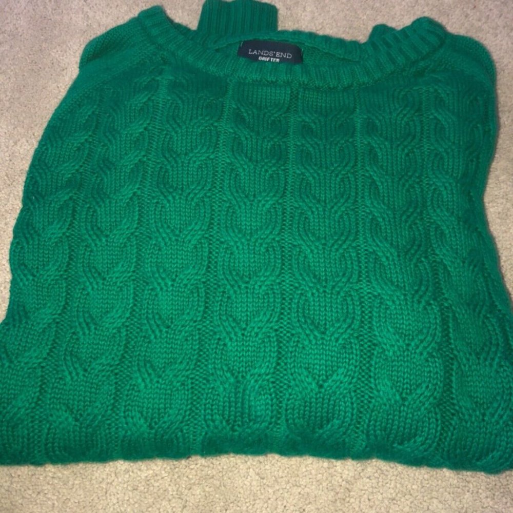 Lands End Drifter Cable knit Sweater XL 18 Green, EUC